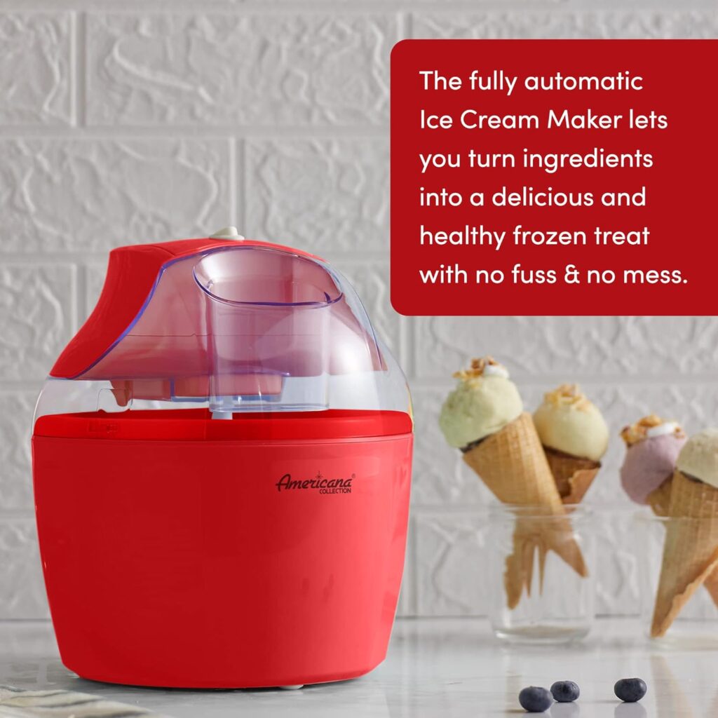 Americana EIM-1400R 1.5 Qt Freezer Bowl Automatic Easy Homemade Electric Ice Cream Maker, Ingredient Chute, On/Off Switch, No Salt Needed, Creamy Ice Cream, Gelato, Frozen Yogurt, Sorbet, Recipe Book