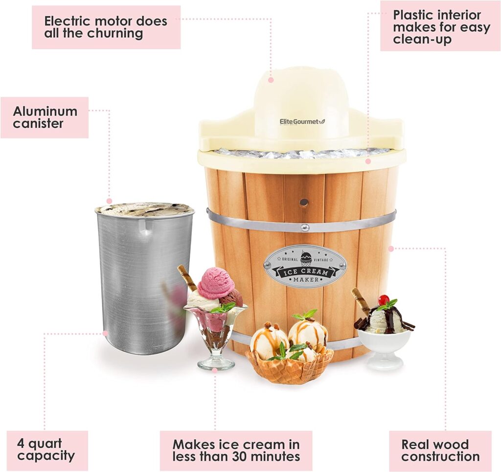 Elite Gourmet EIM-924L## 4 quart Old Fashioned Vintage Appalachian Wood Bucket Electric Ice Cream Maker Machine with Leak-Proof Liner, Uses Ice and Rock Salt Churns Ice Cream in Minutes, 4 Qt, Pine