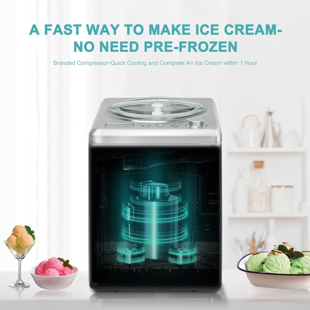 Homtone Ice Cream Maker 2.64 Quart for Making Homemade Soft Ice Cream,Gelato,Sorbet within 60 min,Keep Cooling for 2H,No pre-Freezing Automatic Ice Cream Machine with Compressor