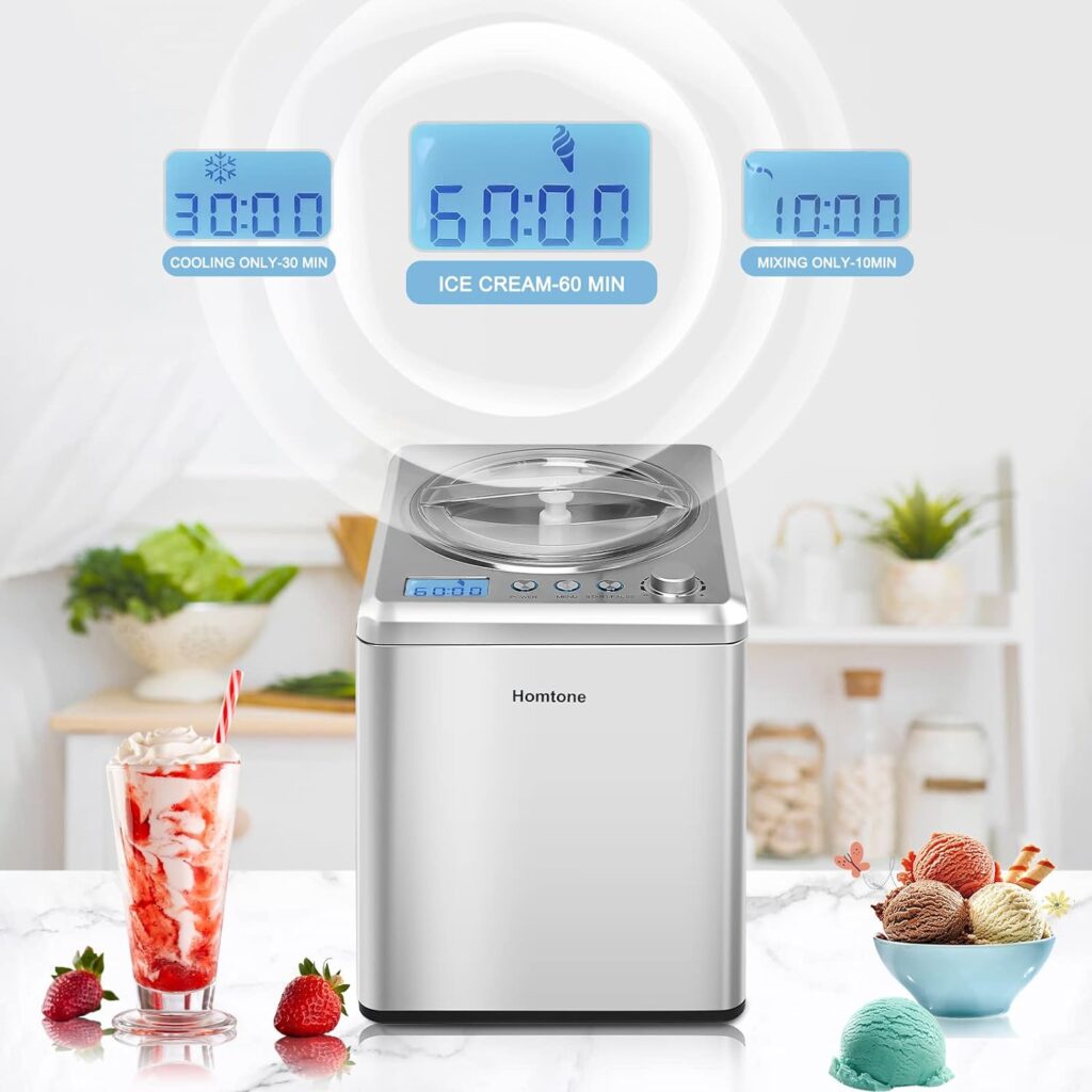 Homtone Ice Cream Maker 2.64 Quart for Making Homemade Soft Ice Cream,Gelato,Sorbet within 60 min,Keep Cooling for 2H,No pre-Freezing Automatic Ice Cream Machine with Compressor