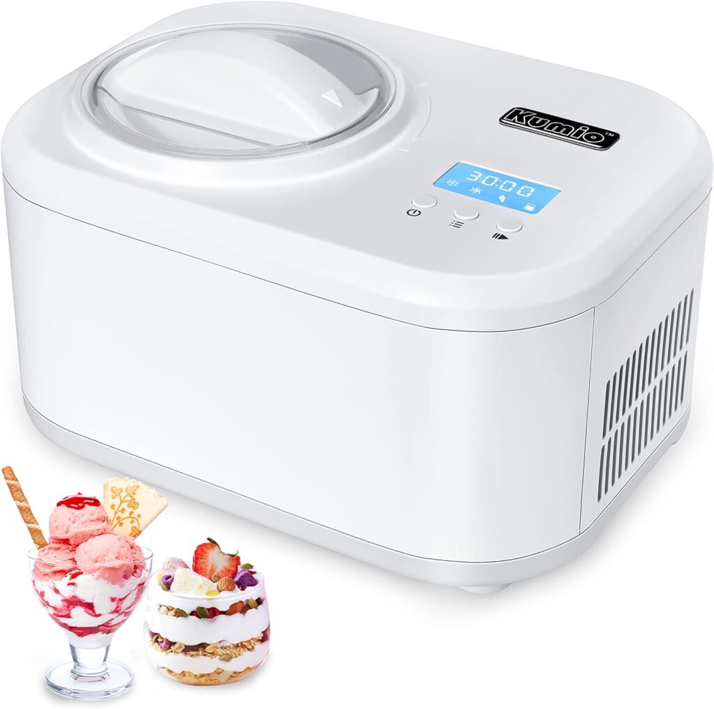 KUMIO 1 Quart Automatic Ice Cream Maker with Compressor, No Pre-freezing, 4 Modes Frozen Yogurt Machine with LCD Display  Timer, Electric Sorbet Maker Gelato Maker, Keep Cool Function