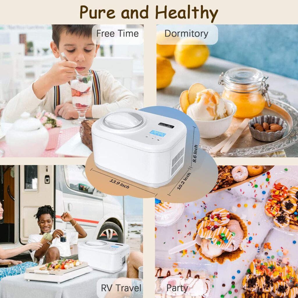 KUMIO 1 Quart Automatic Ice Cream Maker with Compressor, No Pre-freezing, 4 Modes Frozen Yogurt Machine with LCD Display  Timer, Electric Sorbet Maker Gelato Maker, Keep Cool Function