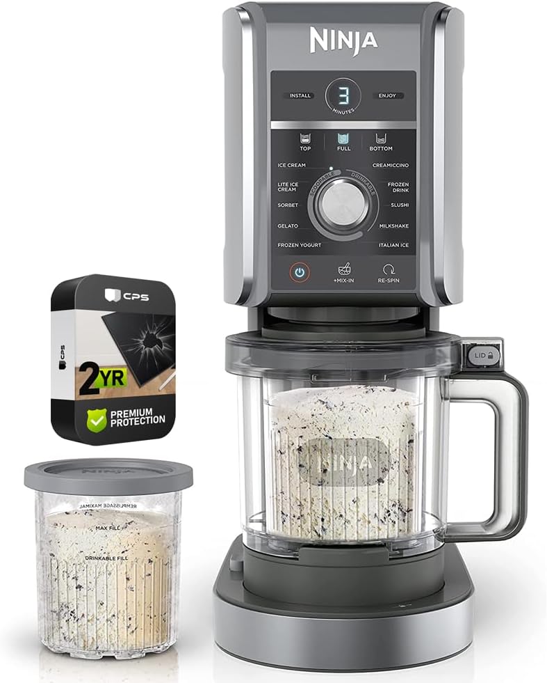 Ninja NC501 CREAMi Deluxe 11-in-1 XL Ice Cream Maker Silver (Renewed) Bundle with 2 YR CPS Enhanced Protection Pack