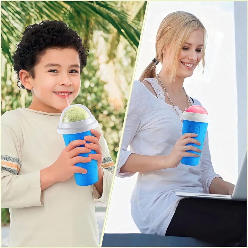 Slushy Maker Cup, Quick Frozen Magic Smoothie Cup for Ice Cream Make your Day Cool, Portable Squeeze Ice Cup, Slushie Cup with Spoon and Straw, Frozen crunch cup