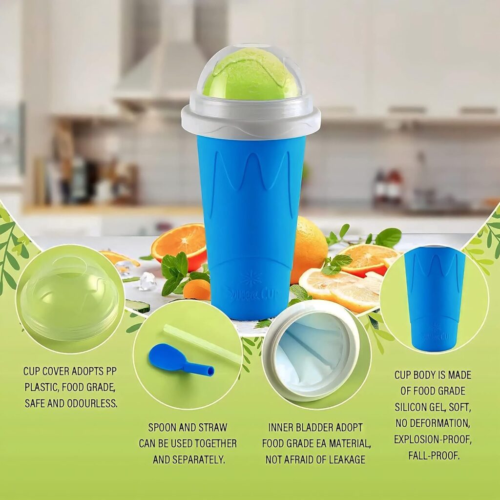 Slushy Maker Cup, Quick Frozen Magic Smoothie Cup for Ice Cream Make your Day Cool, Portable Squeeze Ice Cup, Slushie Cup with Spoon and Straw, Frozen crunch cup