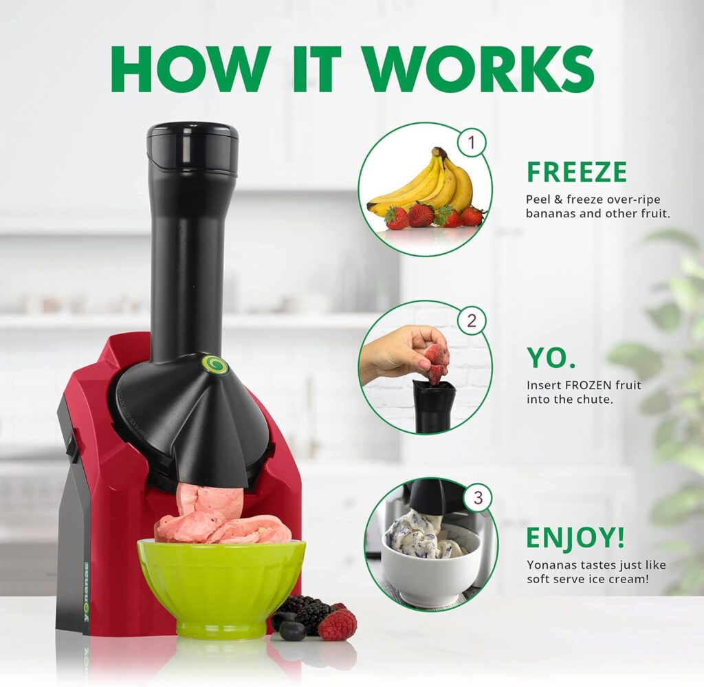 Yonanas 902RD Classic Vegan, Dairy-Free Frozen Fruit Soft Serve Maker, Includes 36 Recipes, 200-Watts, Red