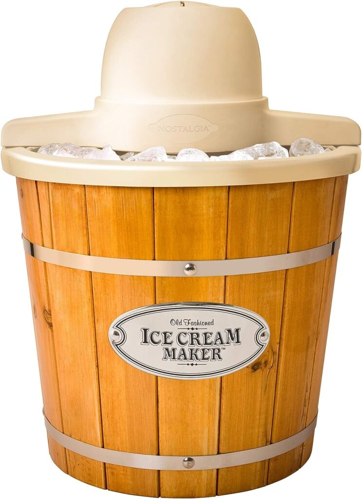 Nostalgia Electric Ice Cream Maker - Old Fashioned Soft Serve Ice Cream Machine Makes Frozen Yogurt or Gelato in Minutes - Fun Kitchen Appliance - Vintage Wooden Style - Light Wood - 4lb