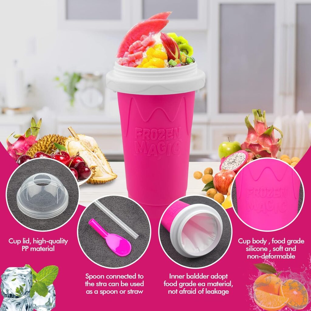 Slushie Maker Cup, Magic Quick Frozen Smoothies Cup for Homemade Milk Shake Ice Cream Maker, Cooling Cup, Double Layer Squeeze Slushy Maker Cup, Birthday Gifts for FriendsFamily (Pink)
