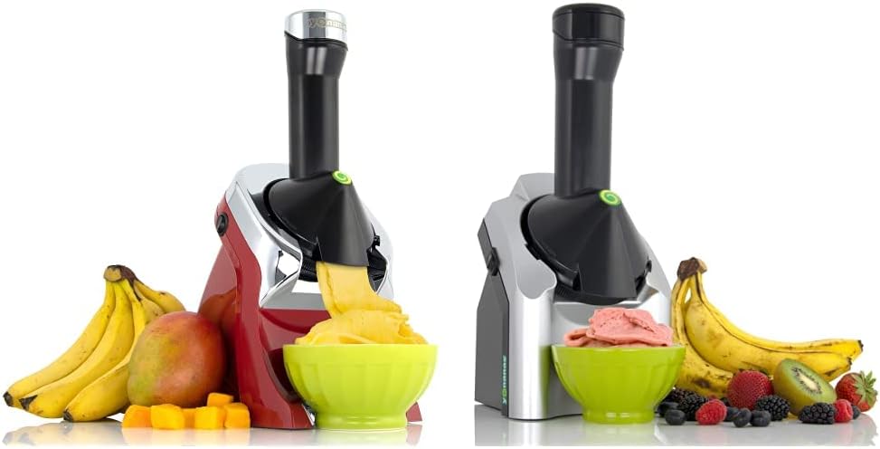 Yonanas 988RD Deluxe Vegan Non-Dairy Frozen Fruit Soft Serve Dessert Maker, Red  902 Classic Vegan Non-Dairy Frozen Fruit Soft Serve Dessert Maker, BPA Free, Includes 36 Recipes, 200-Watts, Silver