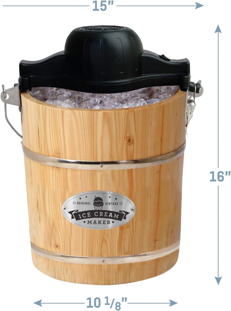 Elite Gourmet Old Fashioned 6 Quart Vintage Wood Bucket Electric Ice Cream Maker Machine Appalachian, Bonus Classic Die-Cast Hand Crank for Churning, Uses Ice and Rock Salt Churns Ice Cream in Minute
